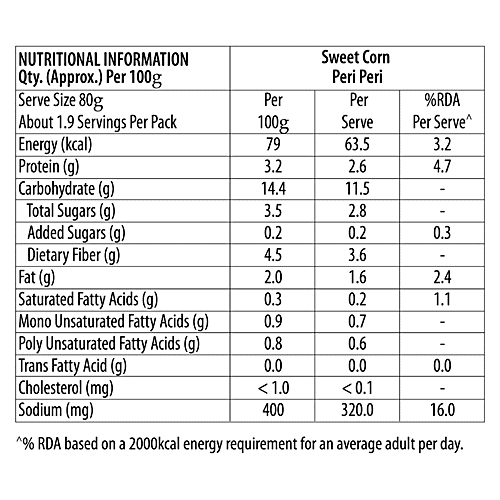 Sundrop Snacko Instant Sweet Corn - Peri Peri Flavour, No Preservatives, 153 g Pouch 