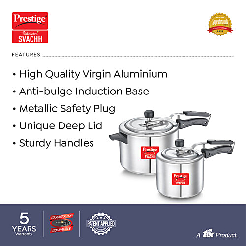 Prestige Pressure Cooker Aluminium Nakshatra Svachh Combi With Deep Lids - Anti-Bulge Induction Base, 2 pcs (5 l + 3 l) Sturdy Handle, Metallic Safety Plug