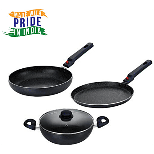 Prestige Non-Stick Cookware Set With Glass Lid - BYK Spatter Finish, Black, 3 pcs (Tawa+Kadai+Fry Pan) 