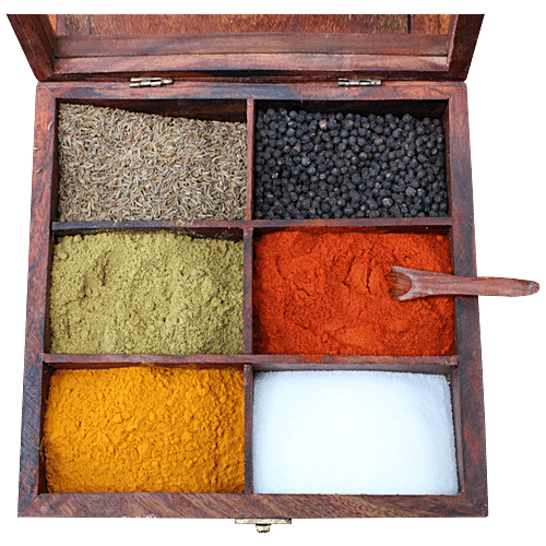 Bamboooz Wooden Multipurpose Storage Box With Spoon - 6 Compartments, For Masalas,Dry Fruits, 1 pc