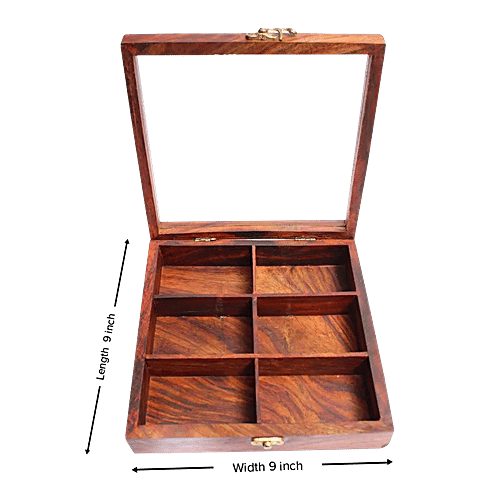 Bamboooz Wooden Multipurpose Storage Box With Spoon - 6 Compartments, For Masalas,Dry Fruits, 1 pc