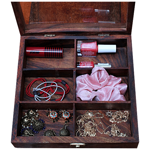 Bamboooz Wooden Multipurpose Storage Box With Spoon - 6 Compartments, For Masalas,Dry Fruits, 1 pc