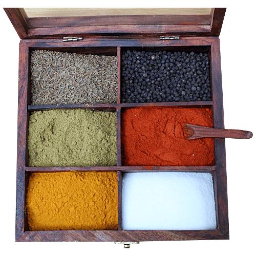 Bamboooz Wooden Multipurpose Storage Box With Spoon - 6 Compartments, For Masalas,Dry Fruits, 1 pc