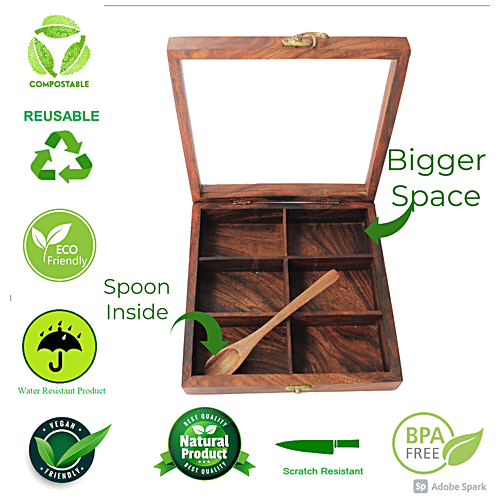 Bamboooz Wooden Multipurpose Storage Box With Spoon - 6 Compartments, For Masalas,Dry Fruits, 1 pc