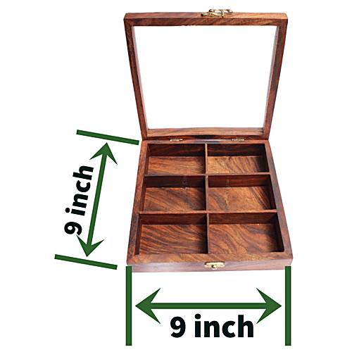 Bamboooz Wooden Multipurpose Storage Box With Spoon - 6 Compartments, For Masalas,Dry Fruits, 1 pc