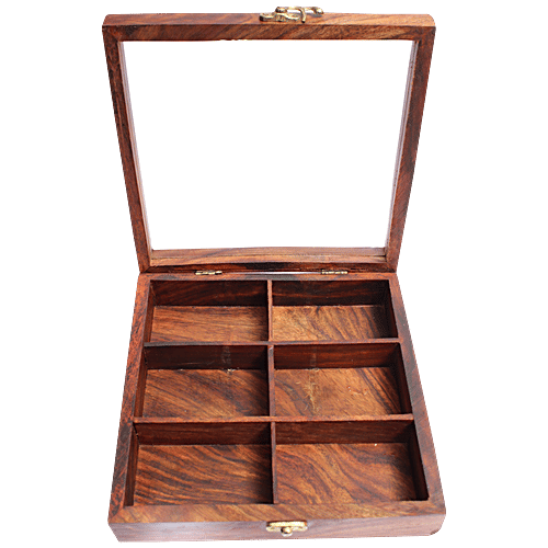 Bamboooz Wooden Multipurpose Storage Box With Spoon - 6 Compartments, For Masalas,Dry Fruits, 1 pc