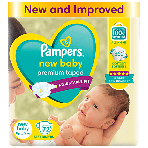 Pampers  Taped Baby Diapers - Soft, Up To 12 Hours Absorption, 5 Star Skin Comfort, Size NB, 72 pcs  