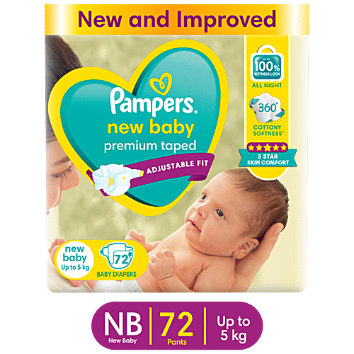 Pampers  Taped Baby Diapers - Soft, Up To 12 Hours Absorption, 5 Star Skin Comfort, Size NB, 72 pcs  