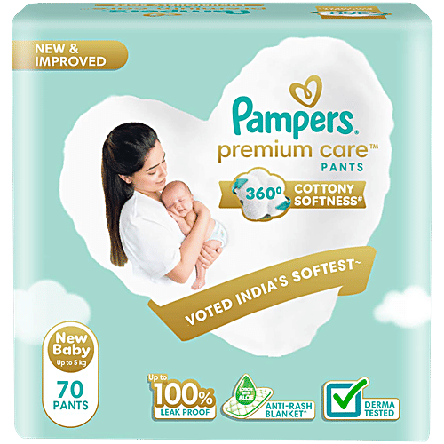 Pampers  Premium Care Diaper Pants - Newborn, Extra Small, Cottony Softness, Up To 5 kg, 70 pcs  