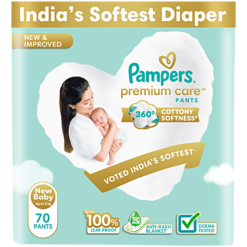 Pampers  Premium Care Diaper Pants - Newborn, Extra Small, Cottony Softness, Up To 5 kg, 70 pcs  