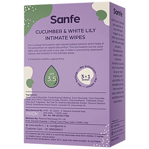 Sanfe Intimate Wipes 3 In 1 - With Cucumber & White Lily, No Odour, Itching, Irritation, 10 pcs