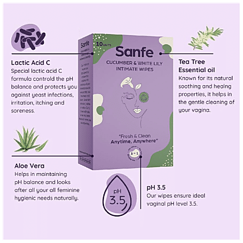 Sanfe Intimate Wipes 3 In 1 - With Cucumber & White Lily, No Odour, Itching, Irritation, 10 pcs