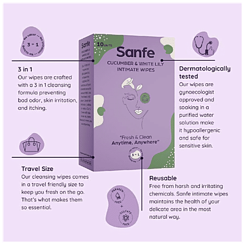 Sanfe Intimate Wipes 3 In 1 - With Cucumber & White Lily, No Odour, Itching, Irritation, 10 pcs