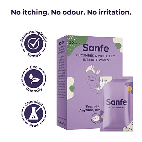 Sanfe Intimate Wipes 3 In 1 - With Cucumber & White Lily, No Odour, Itching, Irritation, 10 pcs