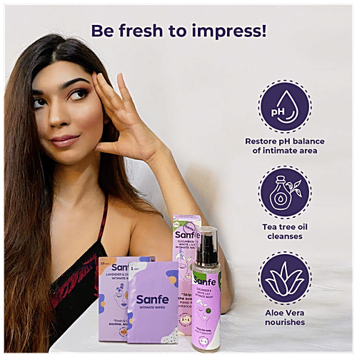 Sanfe Intimate Wipes 3 In 1 - With Cucumber & White Lily, No Odour, Itching, Irritation, 10 pcs