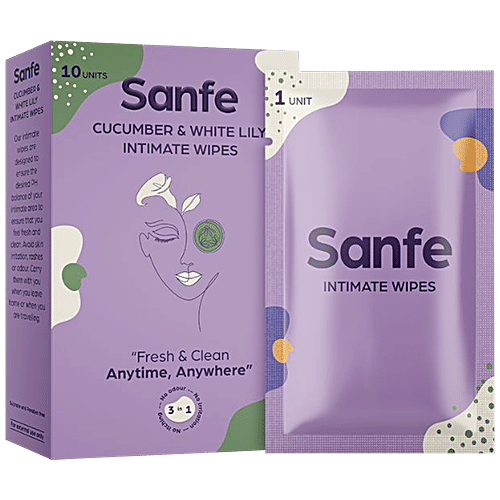 Sanfe Intimate Wipes 3 In 1 - With Cucumber & White Lily, No Odour, Itching, Irritation, 10 pcs