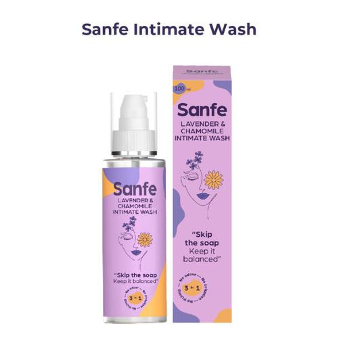 Sanfe Natural Intimate Wash 3 In 1 - Lavender & Chamomile, Prevents Odour, 100 ml 