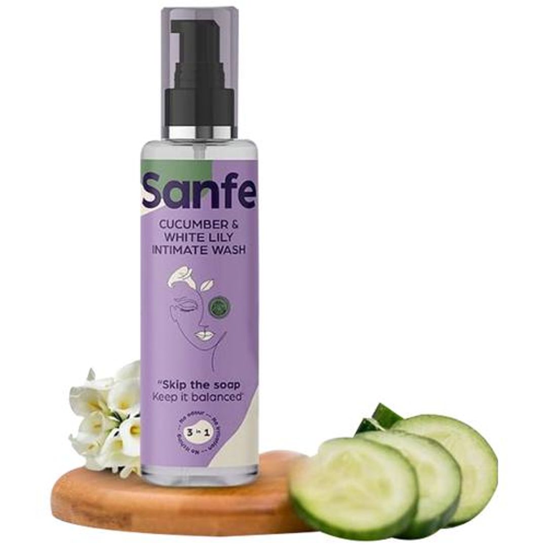 Sanfe Intimate Wash 3 In 1 - With Cucumber & White Lily, No Odour, Itching, Irritation, 100 ml 