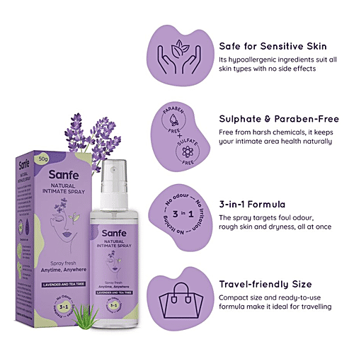 Sanfe Natural Intimate 3 In 1 Spray - With Tea Tree & Lavender, Prevents Fungal Infections, 50 ml  