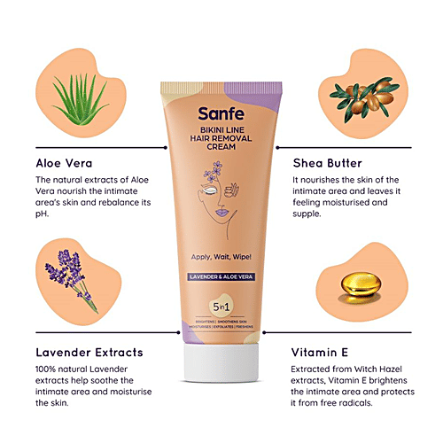 Sanfe Bikini Line Hair Removal 5 In 1 Cream - With Lavender & Aloe Vera, Brightens Skin, 100 g