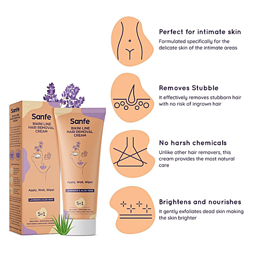 Sanfe Bikini Line Hair Removal 5 In 1 Cream - With Lavender & Aloe Vera, Brightens Skin, 100 g