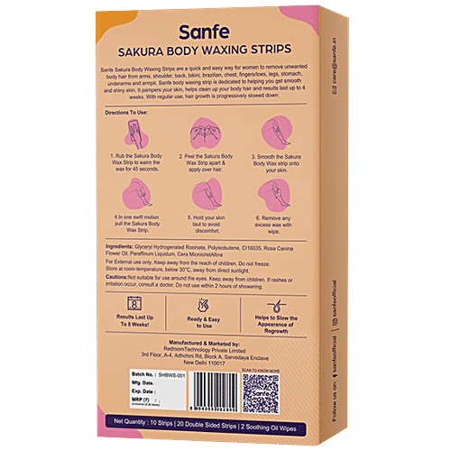Sanfe Sakura Body Waxing 6 In 1 Strips - For Arms, Legs, Bikini, Stomach, 10 pcs