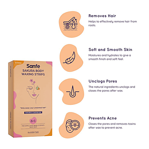Sanfe Sakura Body Waxing 6 In 1 Strips - For Arms, Legs, Bikini, Stomach, 10 pcs
