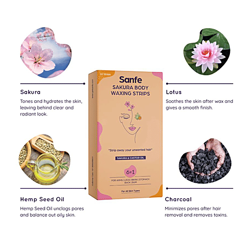 Sanfe Sakura Body Waxing 6 In 1 Strips - For Arms, Legs, Bikini, Stomach, 10 pcs
