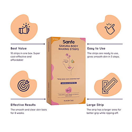 Sanfe Sakura Body Waxing 6 In 1 Strips - For Arms, Legs, Bikini, Stomach, 10 pcs