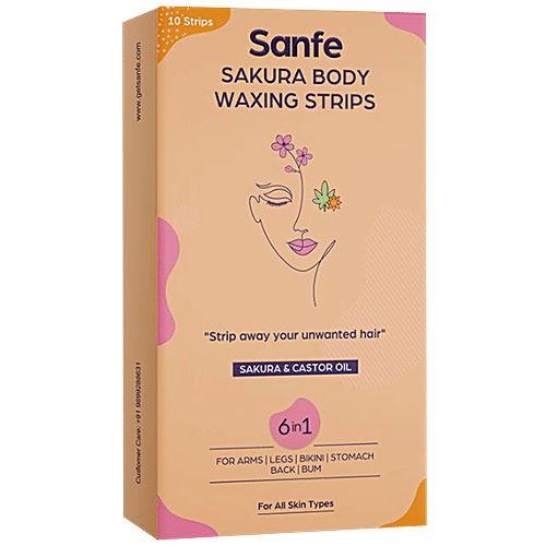 Sanfe Sakura Body Waxing 6 In 1 Strips - For Arms, Legs, Bikini, Stomach, 10 pcs
