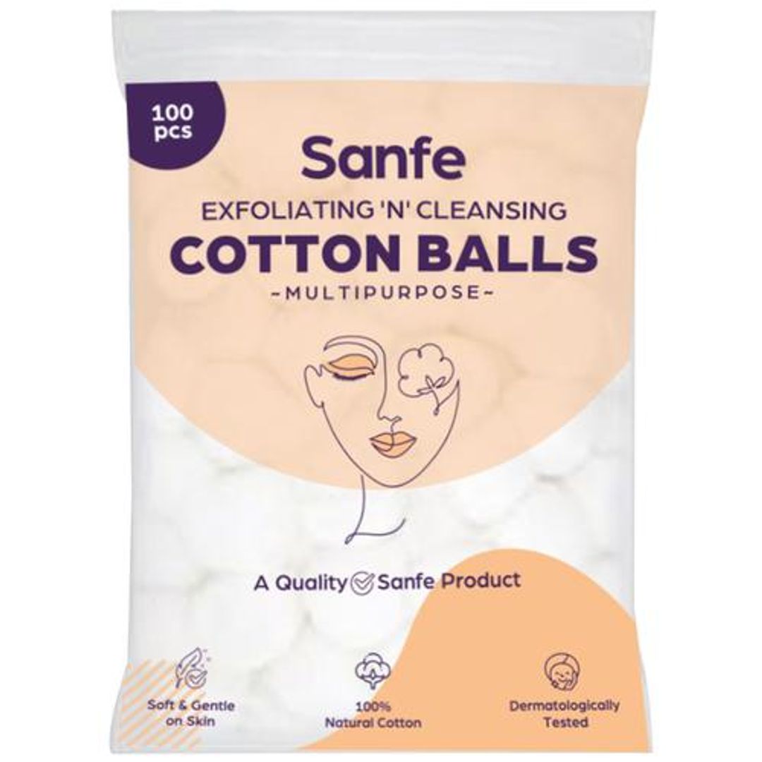 Sanfe Exfoliating & Cleansing Cotton Balls - Multipurpose, Soft & Gentle, 100 pcs 