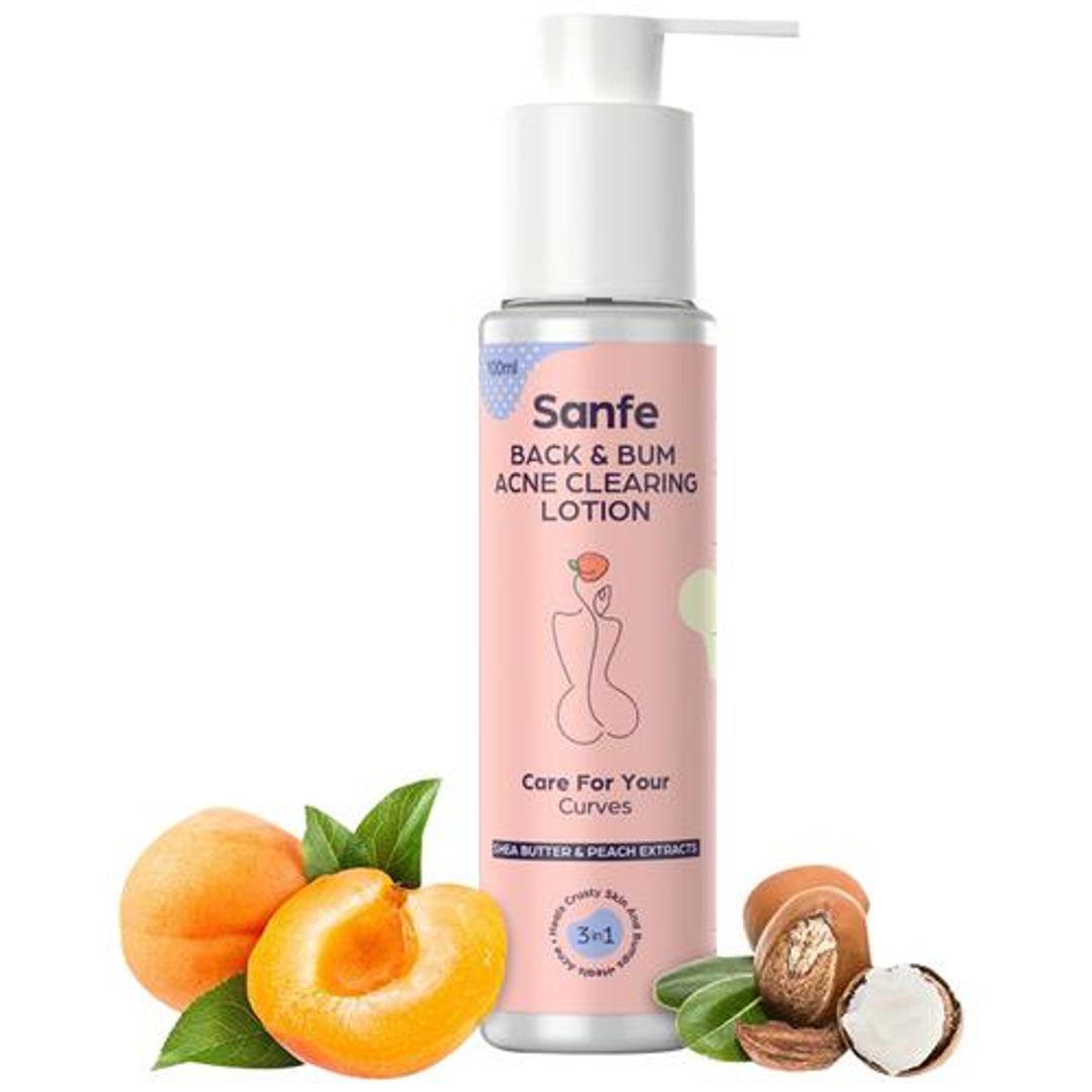 Sanfe Back & Bum Acne Clearing Lotion - With Shea Butter & Peach Extracts For Crusty Skin, 100 ml 