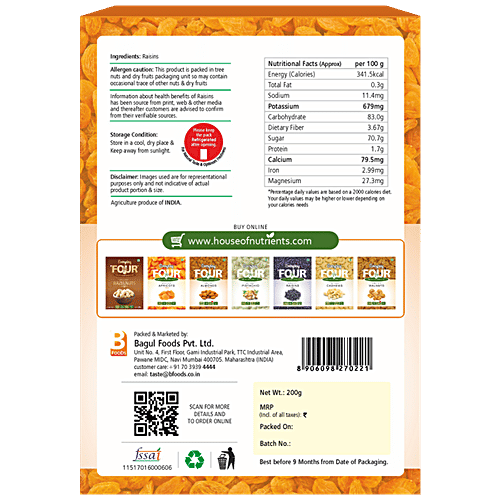Everyday Four Golden Raisins - Long, Helps In Anaemia, Prevents Cancer, Rich In Dietary Fibre, 200 g  