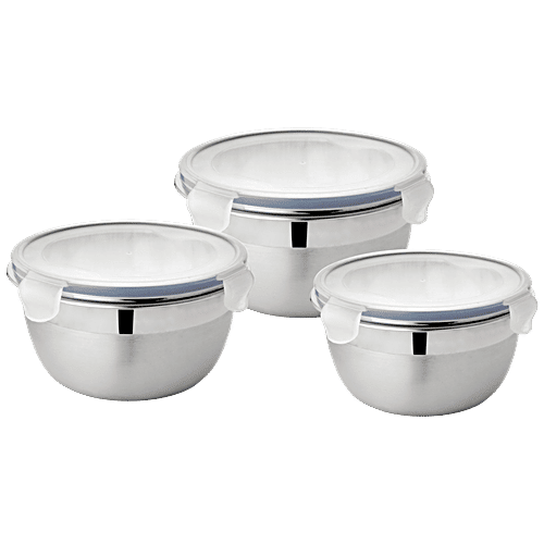 Vinayak Stainless Steel Storage Bowl Set With Airtight Lid - Leak Proof, Food Safe, 3 pcs (500+700+1200 ml) 