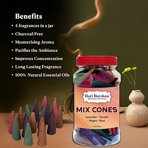 Hari Darshan Mix Dry Dhoop Cones - Lavender, Rose, Sandal, Mogra, 120 pcs Jar 