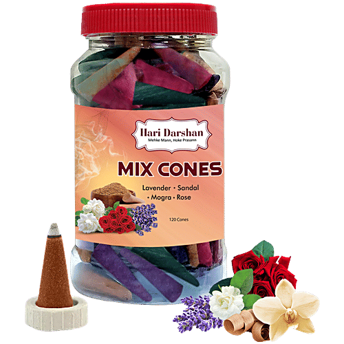 Hari Darshan Mix Dry Dhoop Cones - Lavender, Rose, Sandal, Mogra, 120 pcs Jar 