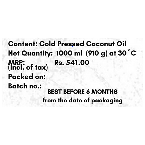 Freshmill Oils Cold Pressed Coconut Oil, Chemical Free, Traditional Extraction, 1 L  