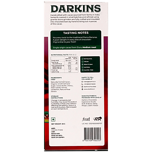 Darkins Artisanal Dark Chocolate - With Banarasi Paan, Vegan & Gluten-Free, 50 g