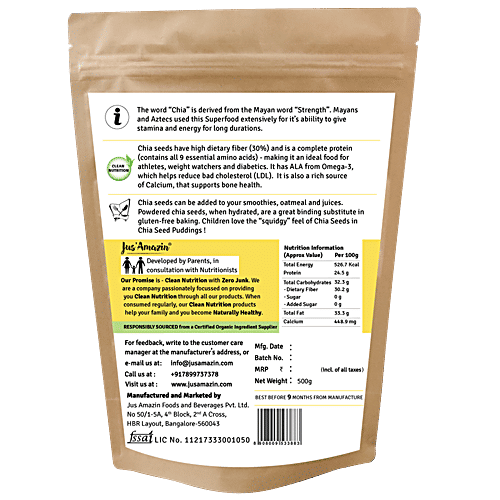 Jus Amazin Organic Chia Seeds - High Protein, Rich in Fiber, Omega3 & Calcium, Superfood, 500 g  