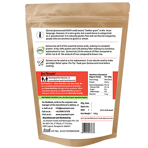 Jus Amazin Organic Quinoa - High Protein Superfood, Rich in Dietary Fiber & Anti-Oxidants, 500 g  Organic Superfood
 Rich in Dietary Fibre
 High in Protein