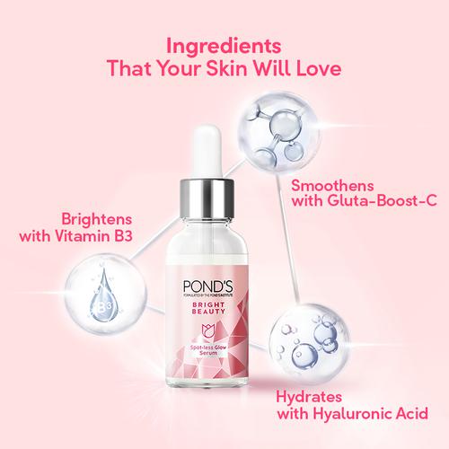 Ponds Bright Beauty Spot-Less Glow Serum - Infused With Hyaluronic Acid & Vitamin B3, 30 ml  