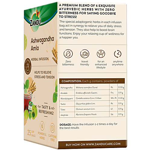 Zandu Ashwagandha Amla Infusion/Kadha - Herbal Tea for Stress Relief and Better Sleep, 37.5 g (25 Tea Bags x 1.5 g Each) 