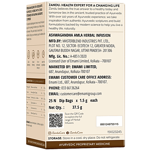Zandu Ashwagandha Amla Infusion/Kadha - Herbal Tea for Stress Relief and Better Sleep, 37.5 g (25 Tea Bags x 1.5 g Each) 