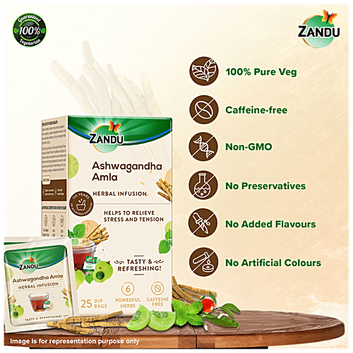 Zandu Ashwagandha Amla Infusion/Kadha - Herbal Tea for Stress Relief and Better Sleep, 37.5 g (25 Tea Bags x 1.5 g Each) 