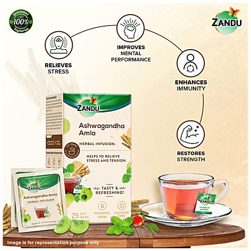 Zandu Ashwagandha Amla Infusion/Kadha - Herbal Tea for Stress Relief and Better Sleep, 37.5 g (25 Tea Bags x 1.5 g Each) 