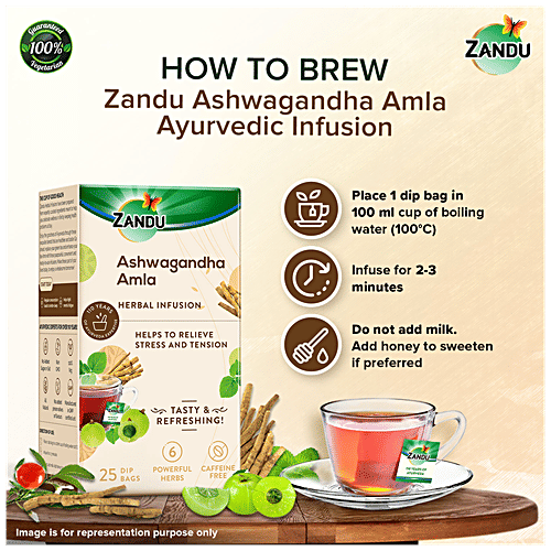 Zandu Ashwagandha Amla Infusion/Kadha - Herbal Tea for Stress Relief and Better Sleep, 37.5 g (25 Tea Bags x 1.5 g Each) 