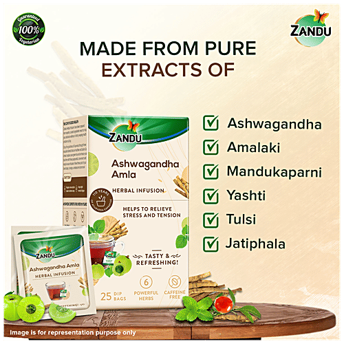 Zandu Ashwagandha Amla Infusion/Kadha - Herbal Tea for Stress Relief and Better Sleep, 37.5 g (25 Tea Bags x 1.5 g Each) 