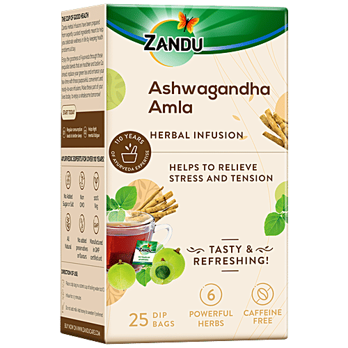 Zandu Ashwagandha Amla Infusion/Kadha - Herbal Tea for Stress Relief and Better Sleep, 37.5 g (25 Tea Bags x 1.5 g Each) 