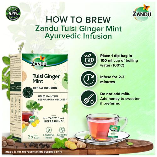 Zandu Tulsi Ginger Mint Ayurvedic Infusion/Kadha - Herbal Tea For Cough & Cold Relief, 37.5 g (25 x 1.5 g each) 