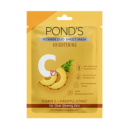 Ponds Vitamin Duo Sheet Mask - Brightening, Vitamin C + Pineapple Extract, For Clear Glowing Skin, 25 ml